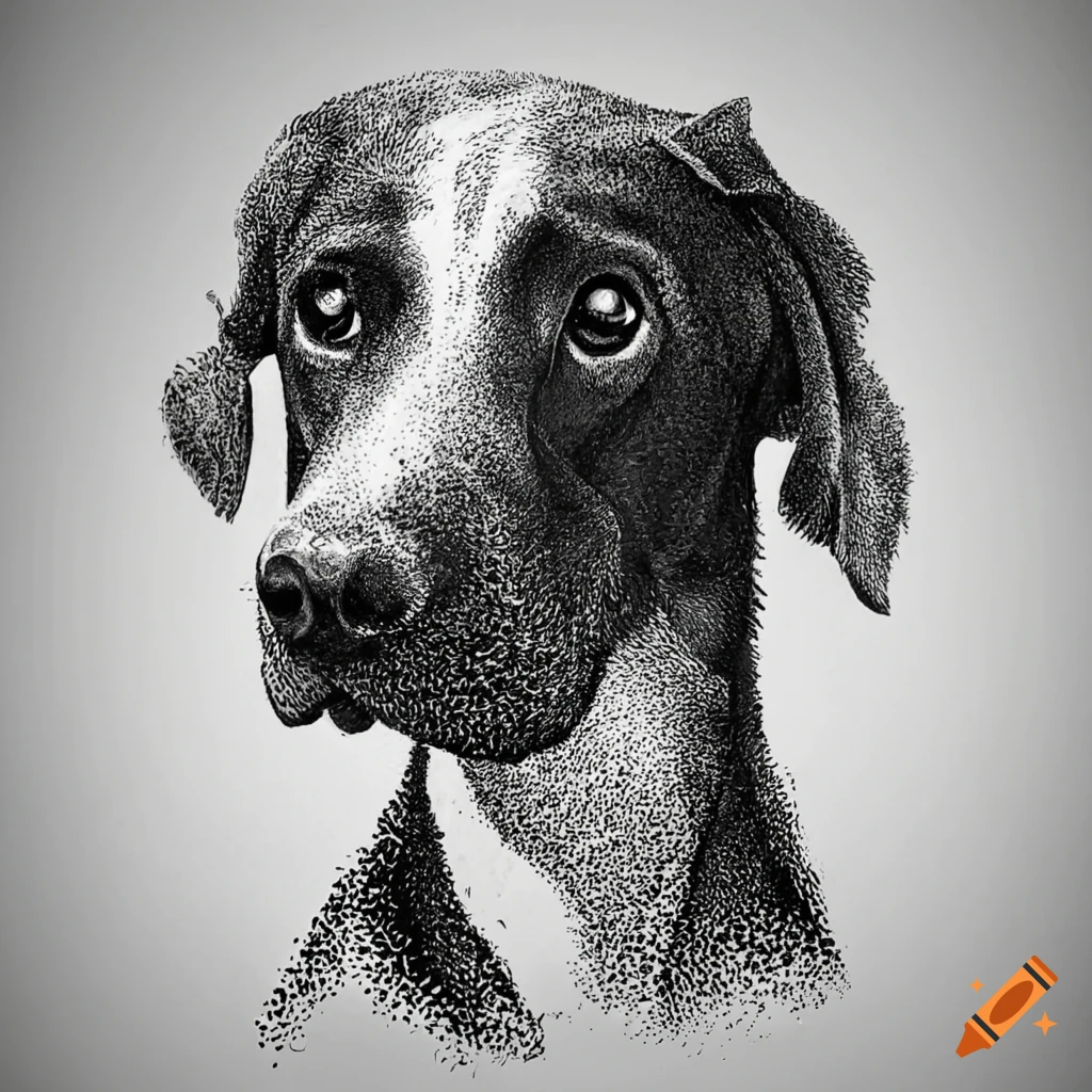 Black and white stippling art of a realistic dog