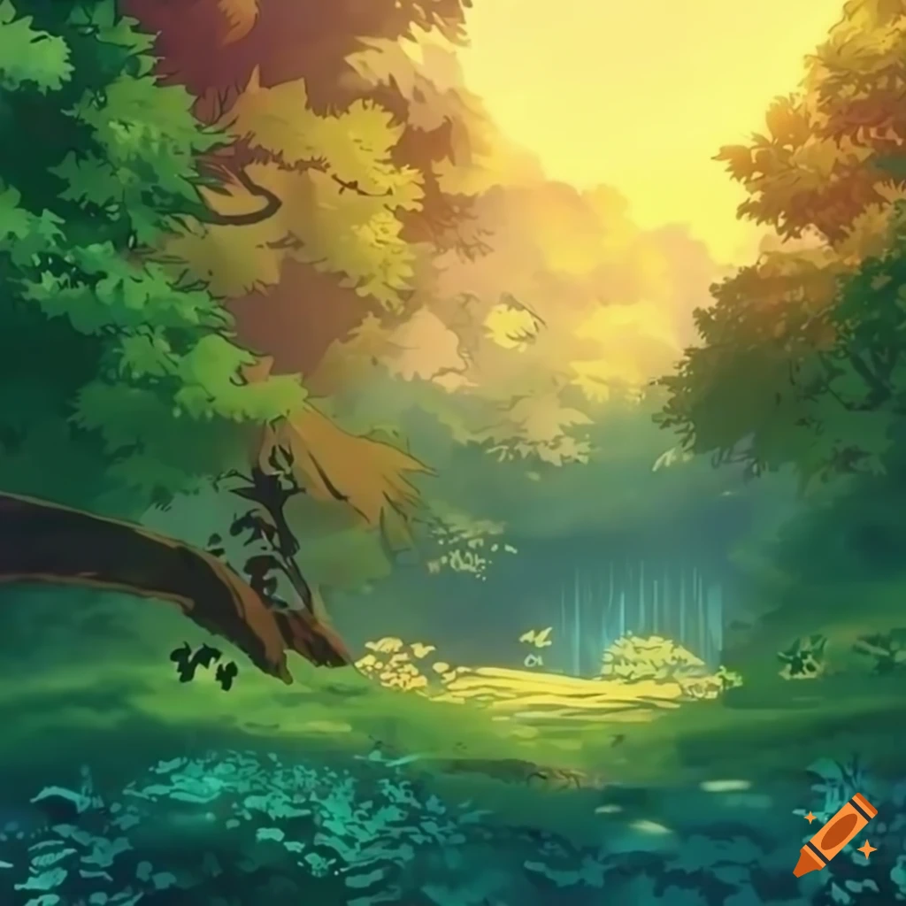 Studio Ghibli style anime forest on a warm sunny day