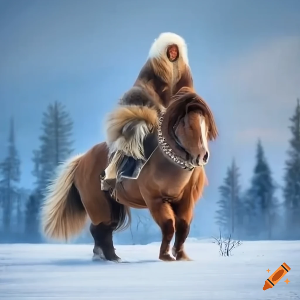 Eskimo riders on woolly horses in the snow