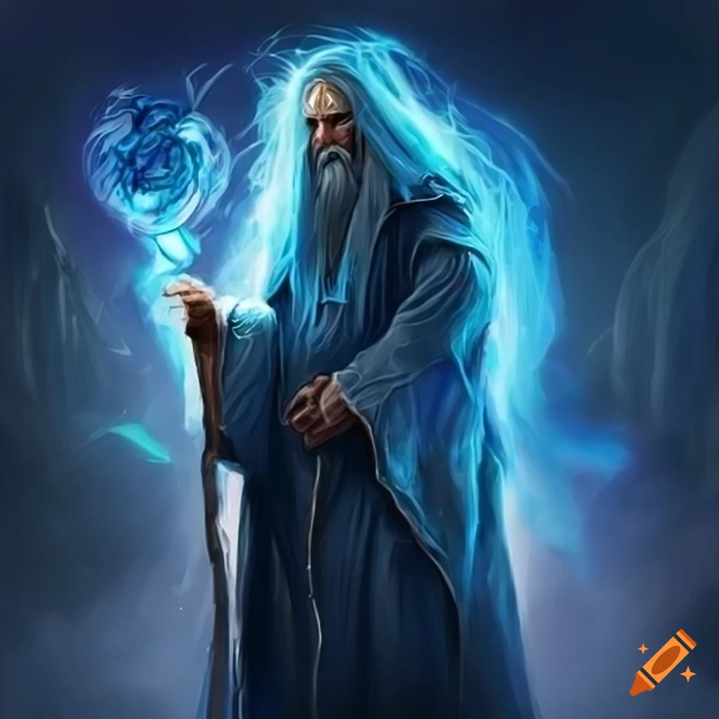Wizard with a powerful magic staff in a blue fantasy setting
