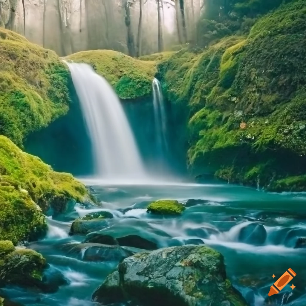 Mossy waterfall with hyper-realistic raw photography and fantasy aesthetic filter