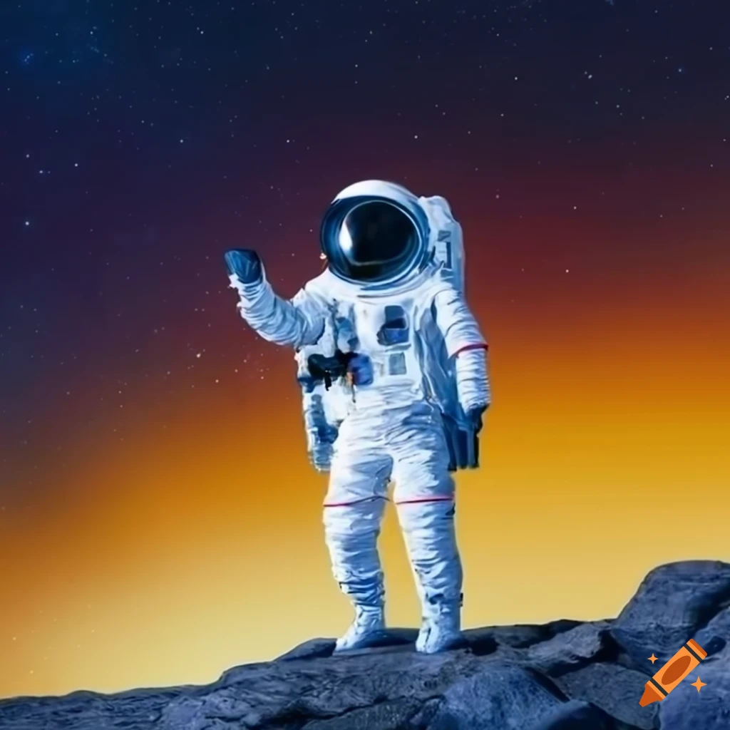 Astronaut waving on the rocky surface of the Moon under a bright yellow starry sky
