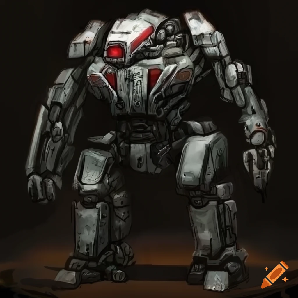 Black bipedal mech named Usus Mort with red eyes
