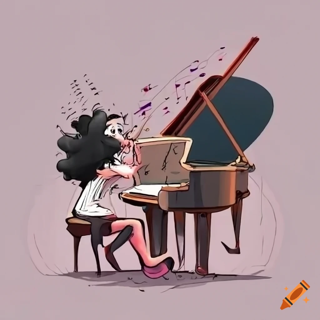 Cartoon of a pianist struggling to read sheet music at the piano