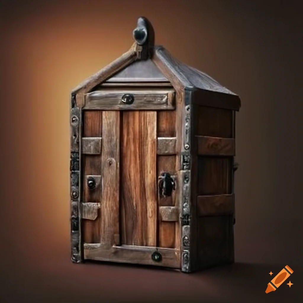 Medieval wood and metal box with sliding door