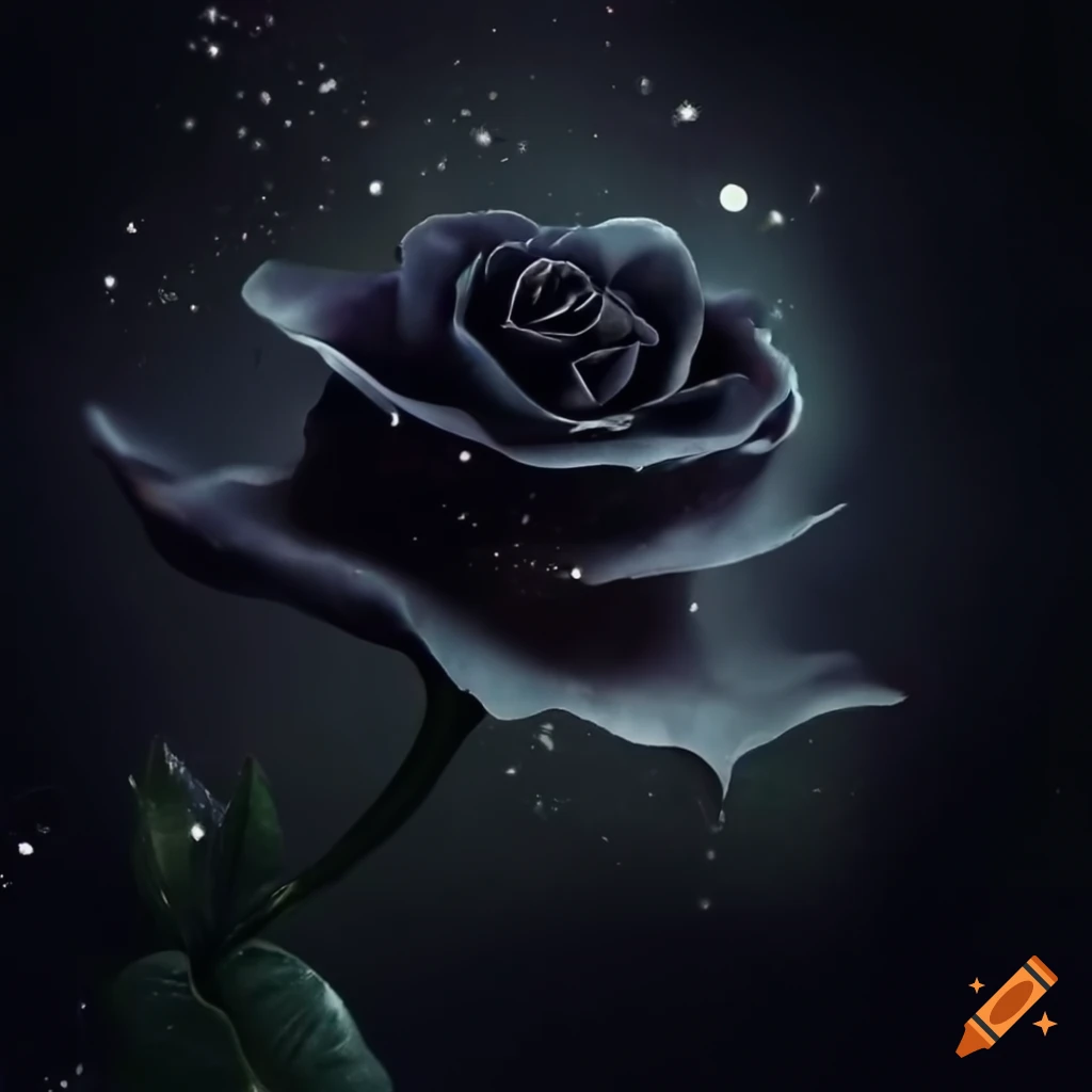 Exquisite black rose shimmering in moonlight with silver glitter