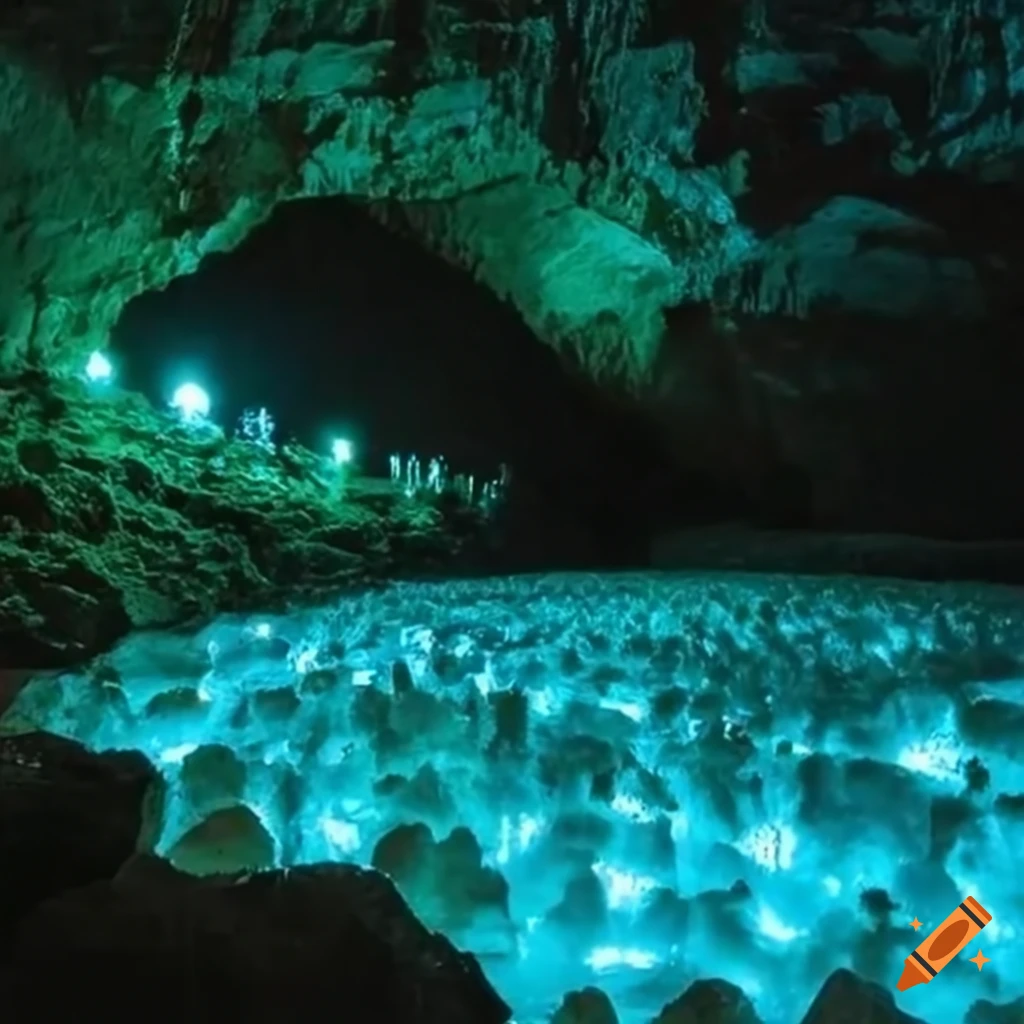 Cave with glowing lava lamps and dramatic lighting