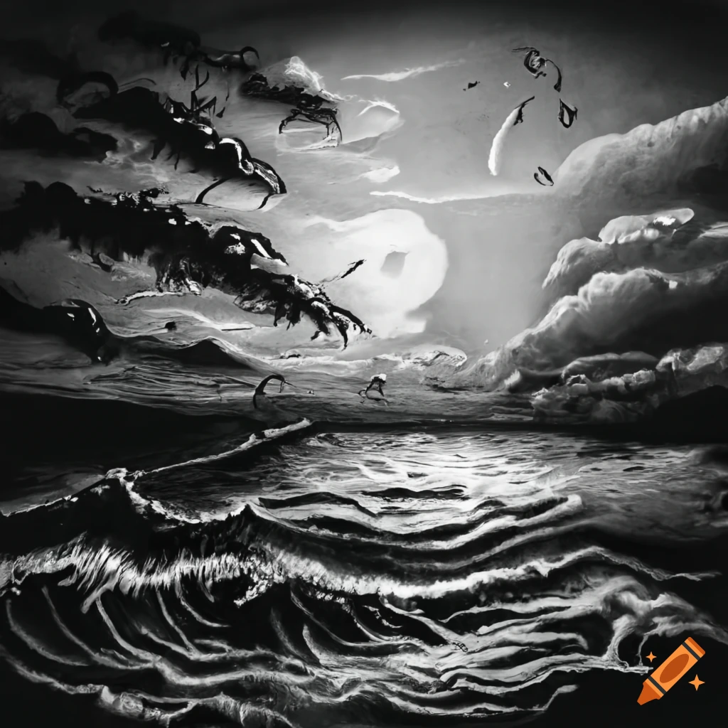 Ocean of Time: A huge, roaring ocean wave crashing onto a lonely rock with an old clock. The sky may be filled with dark clouds and lightning, enhancing the dramatic scene