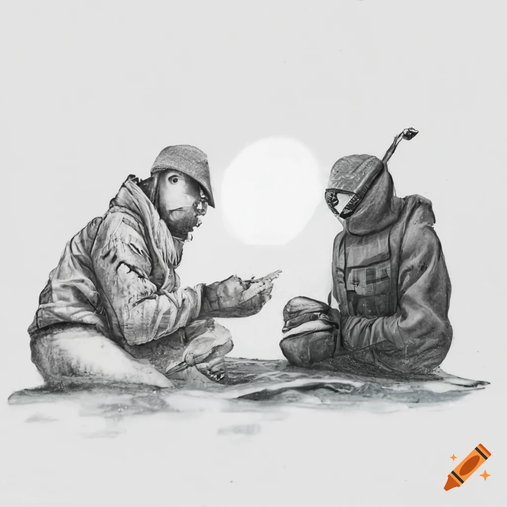 Two people ice fishing at sunset and listening to a radio
