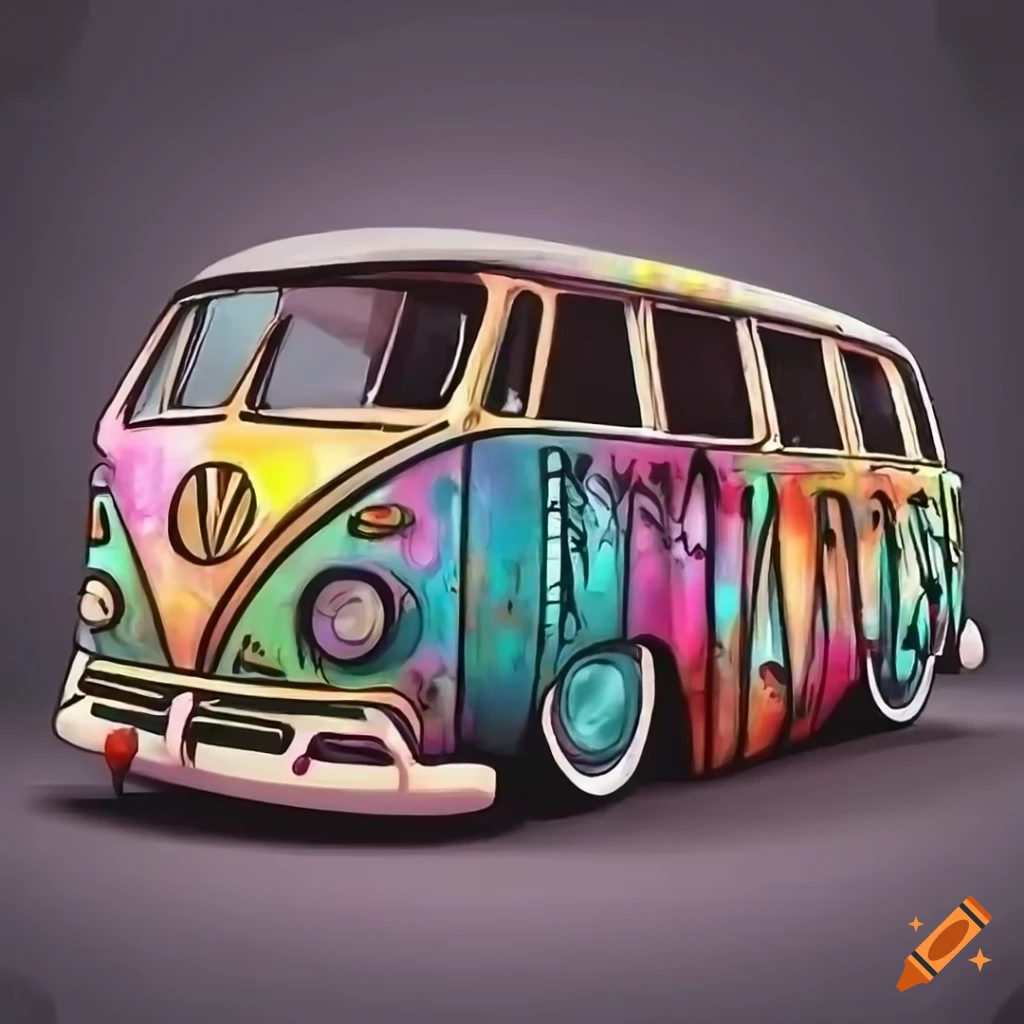 Graffiti VW bus with the words "VLKSWGN TRNSPRTR" forming the silhouette