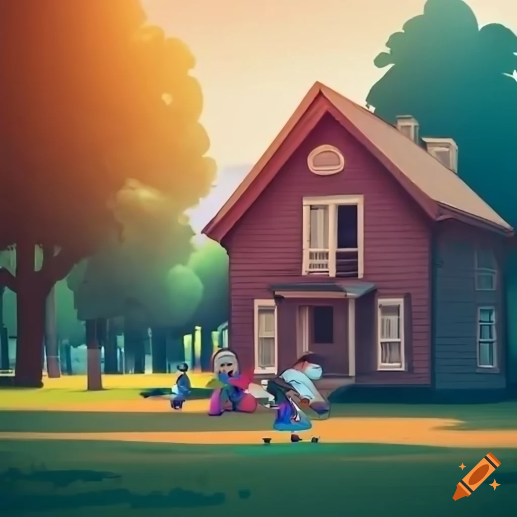 Serene neighborhood with mix of old and new houses, children playing, families enjoying time