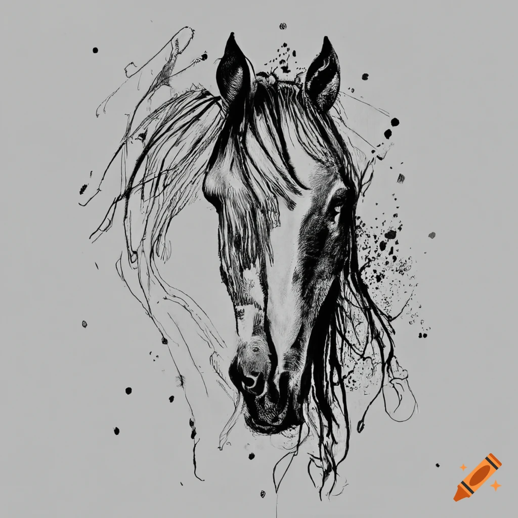 Horse on asphalt black ink drawing on white background