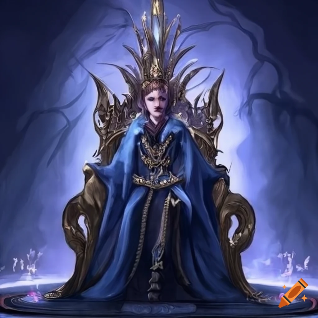 Imposing king in ornate robe and crown sitting on intricate throne