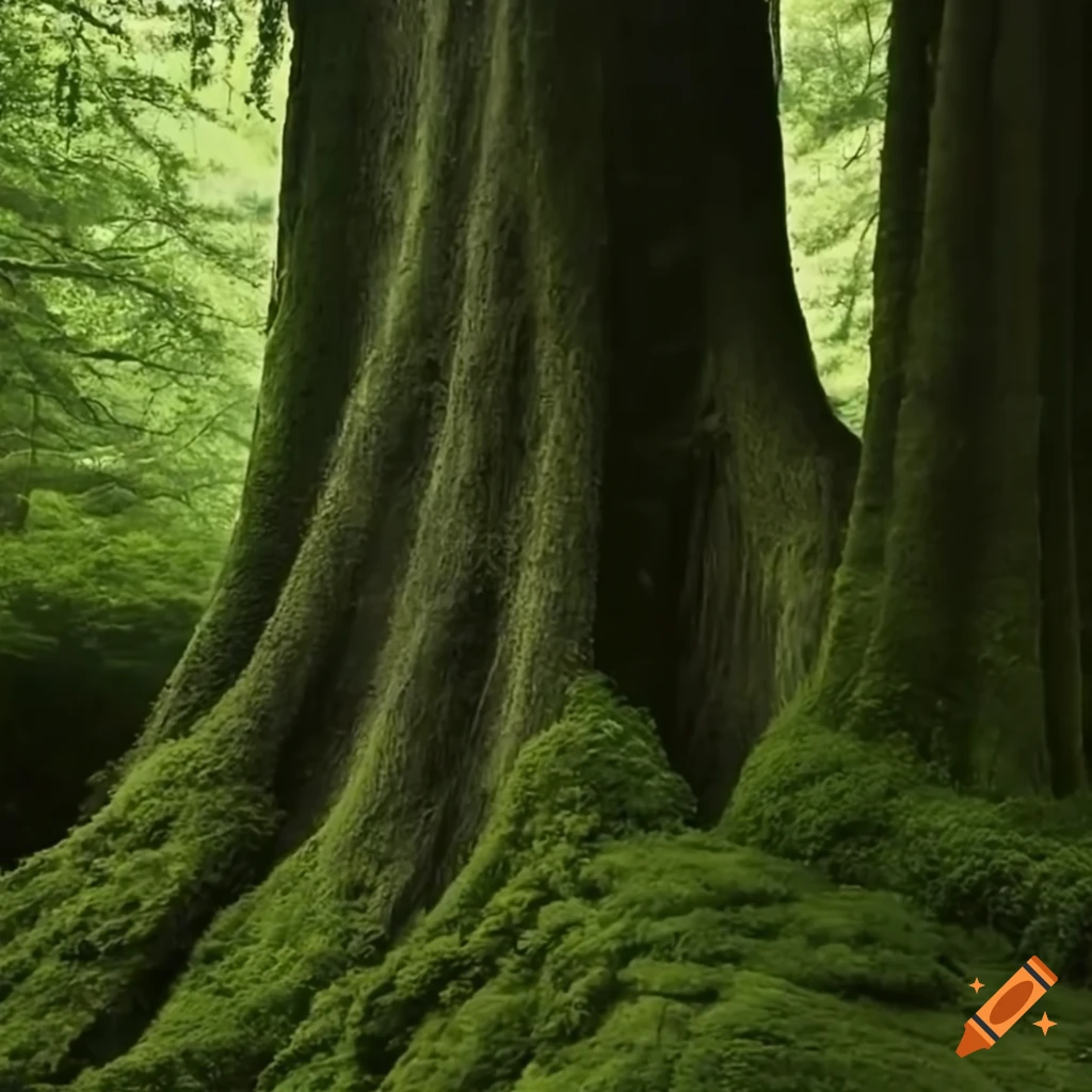 Rainforest with a large oak tree with a den entrance and a tiger standing guard