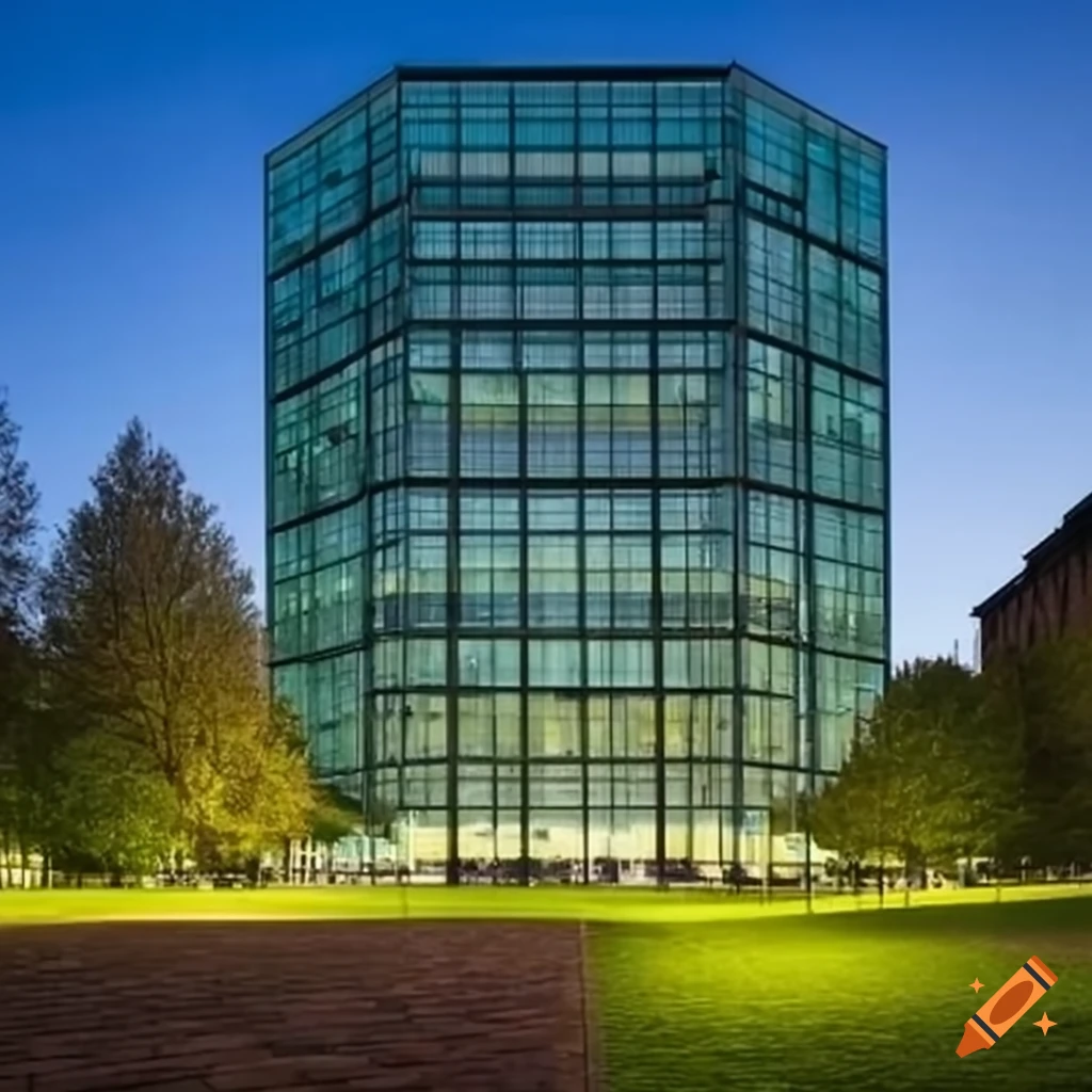 Glass building around a park