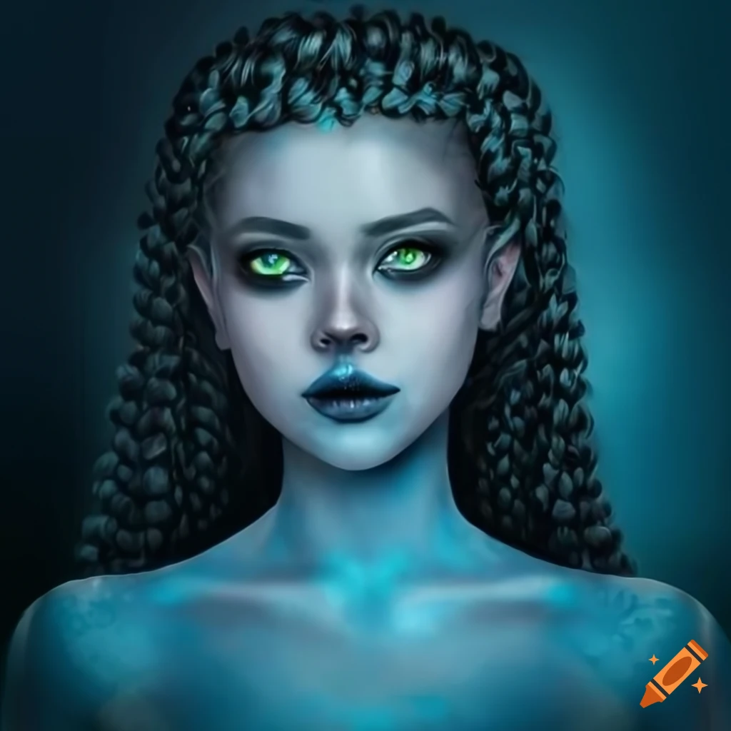 Digital art portrait of a 27-year-old mermaid with black braided hair and blue skin
