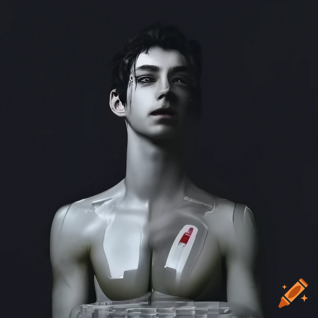 Handsome skinny male cyborg daydreaming happily with glossy lacquer skin