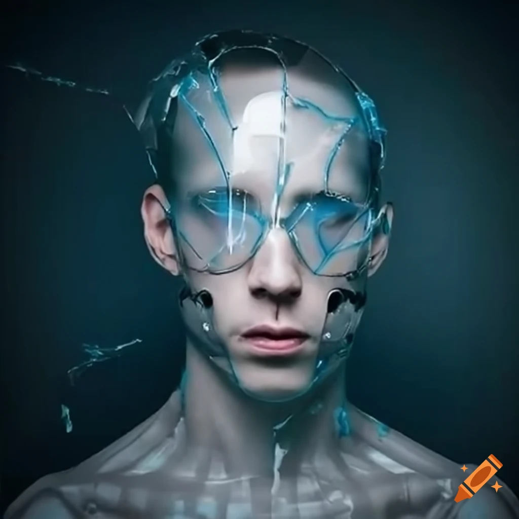 Skinny male cyborg in transparent suit looking at broken mirror in an office