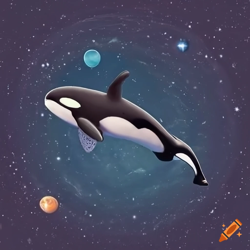 Orca in space with planets and stars