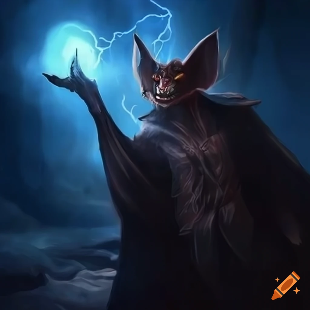 Epic fantasy scene featuring a bat man wizard summoning lightning