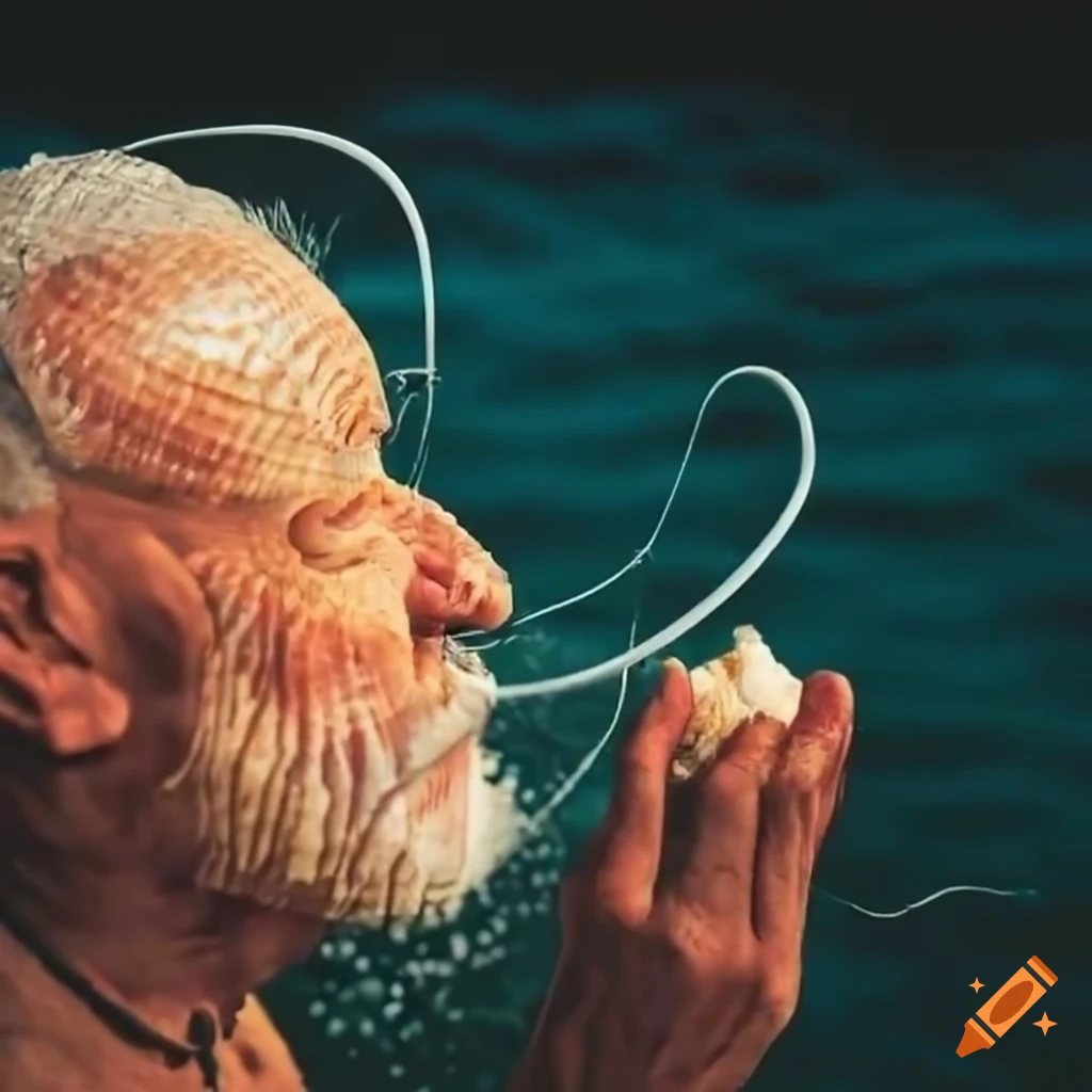 Elderly man listening to the ocean with a seashell
