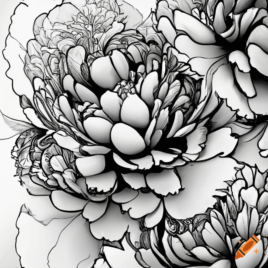 Abstract peony flowers on a table in black and white for coloring