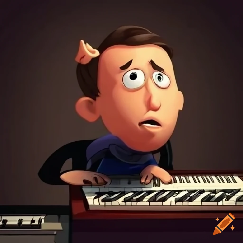 Sheet music at a piano with a confused pianist in a cartoon style