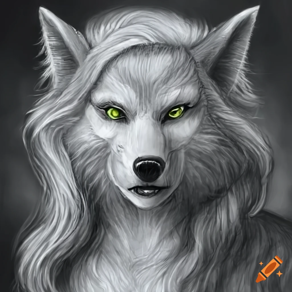 Mythical female werewolf with white fur, wavy hair, and green eyes