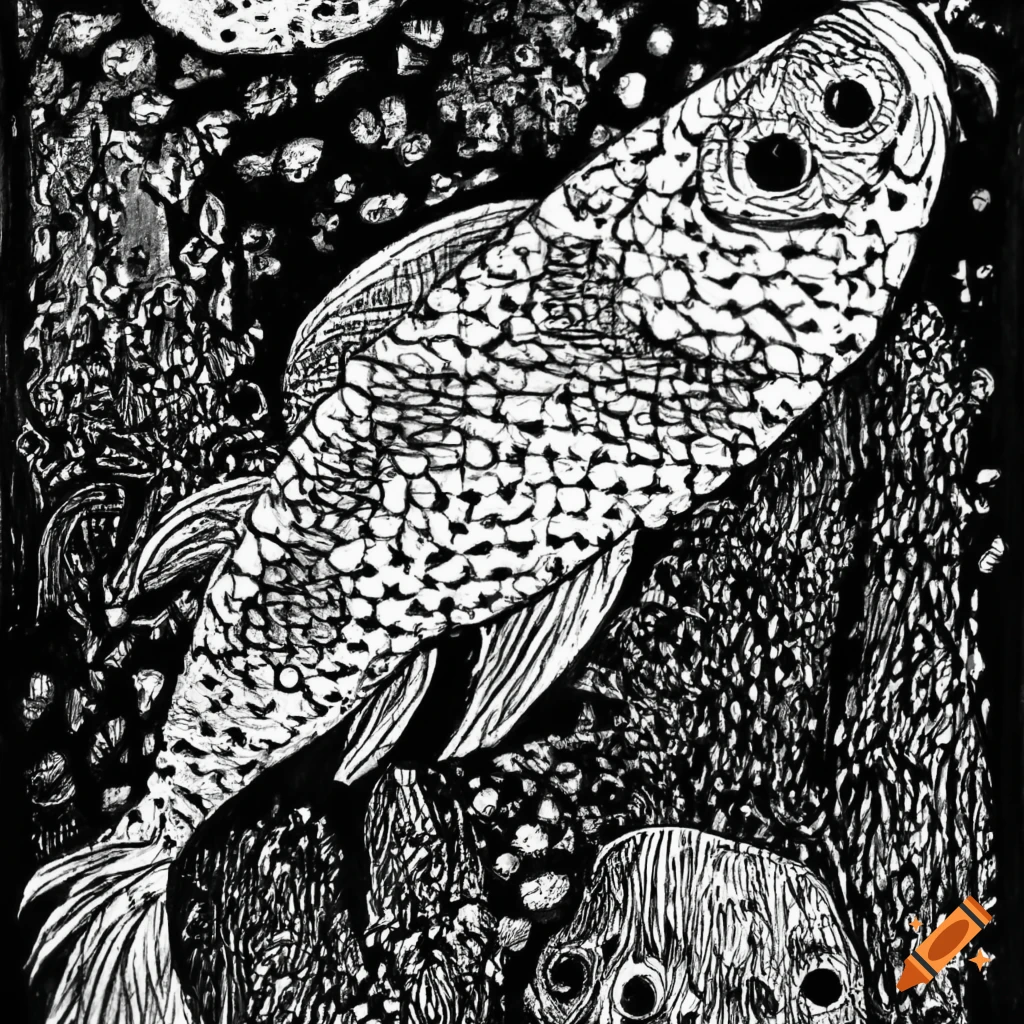 Fish in Junji Ito style black and white ink drawing