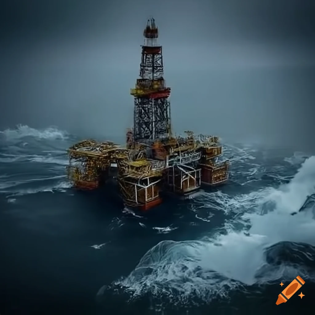 Oil rig in a storm with a sea monster lurking in the depths