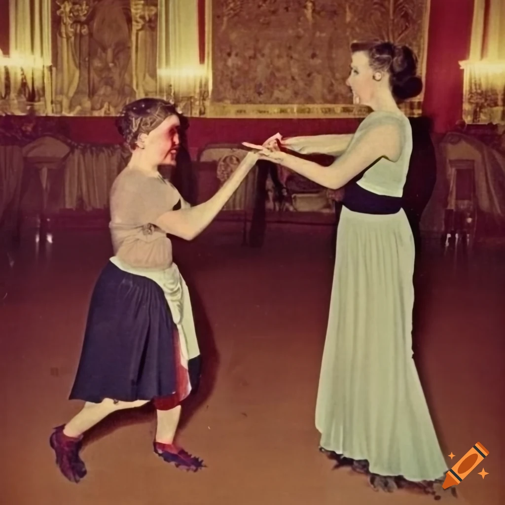 Vintage photo of females in a dramatic duel in a ballroom