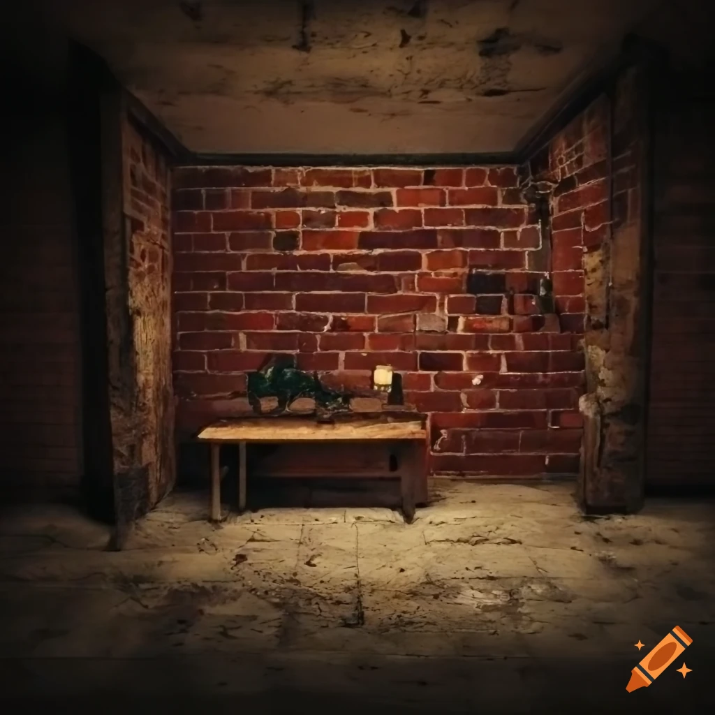Creepy basement with brick walls and dim lighting, featuring a table and coat rack