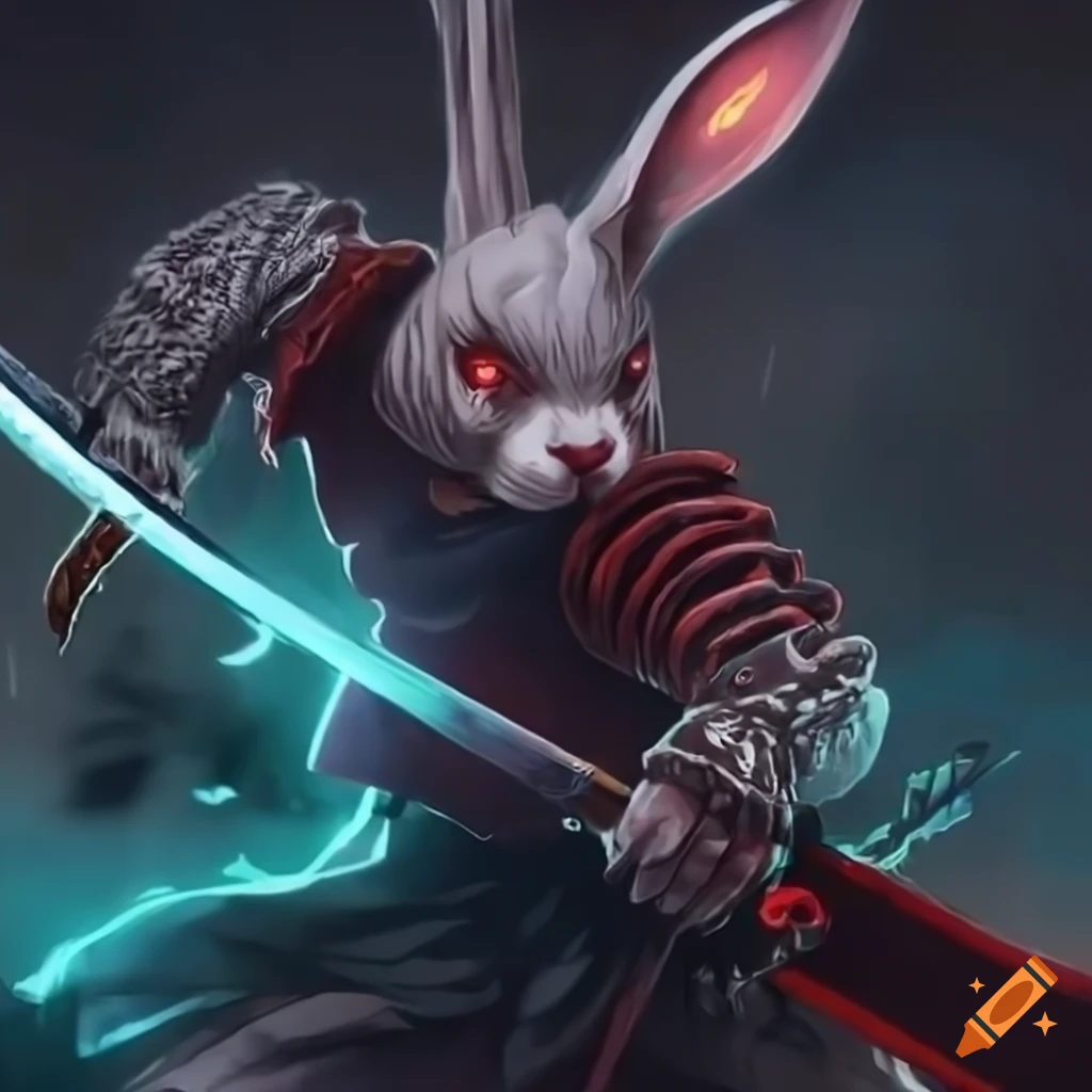 Rabbit warrior wielding a glowing katana in a fierce battle on Craiyon