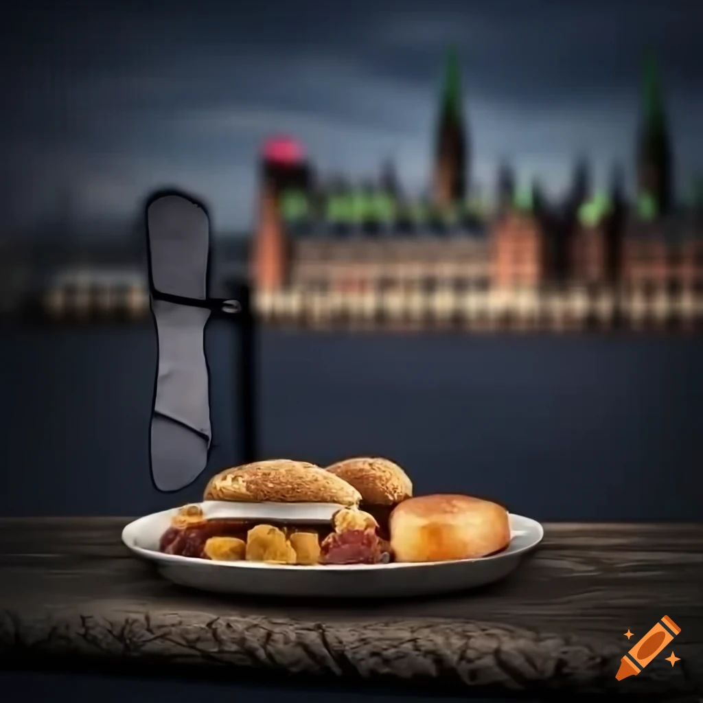 Hamburger with English elements in the background