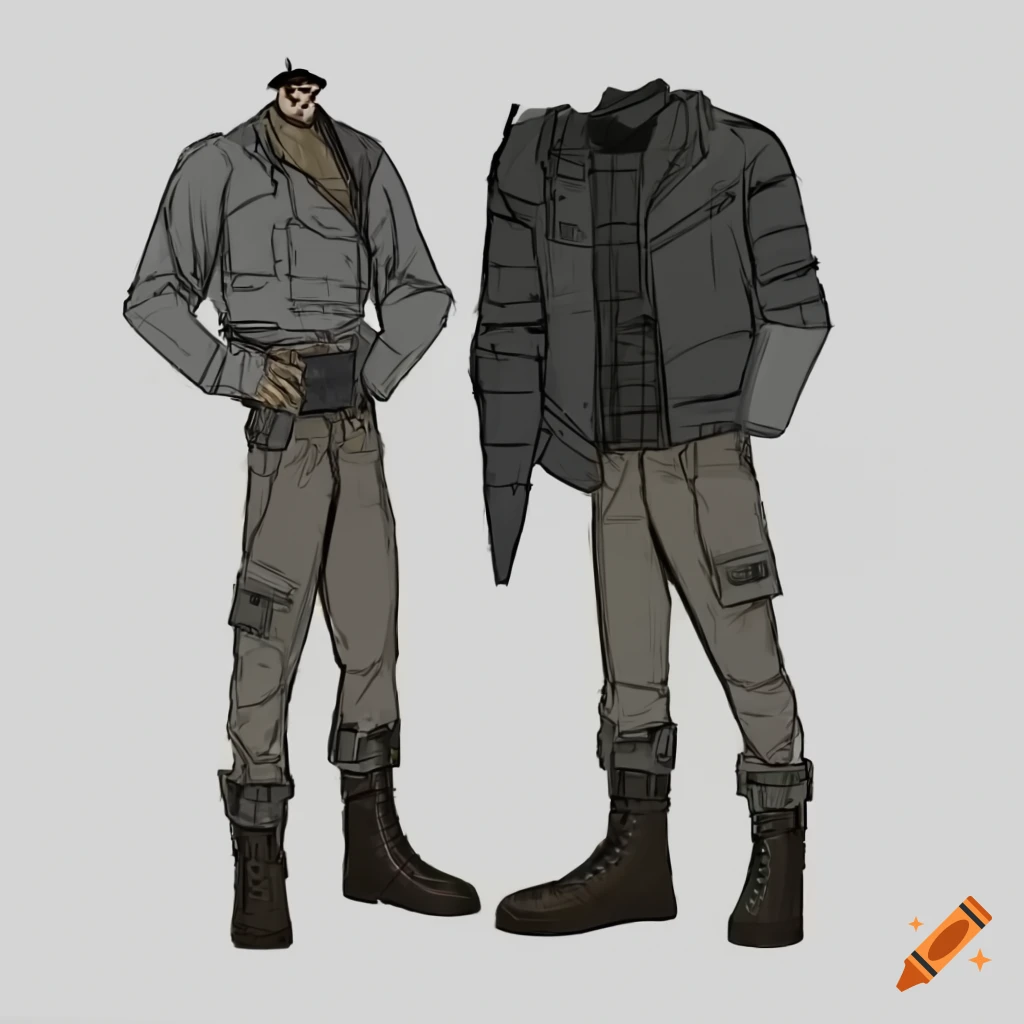 Male outfit with crop top, leather jacket, cargo pants, and combat boots