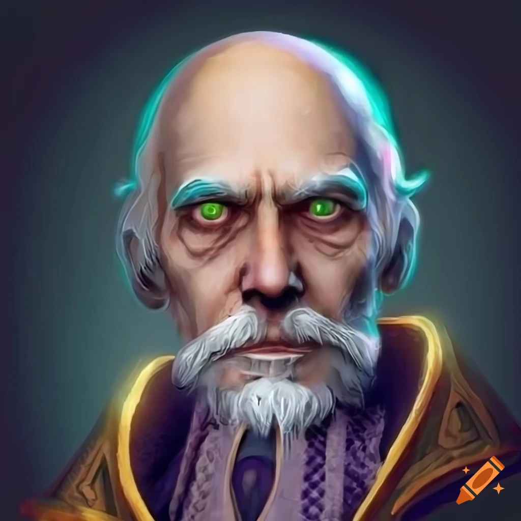 Realistic portrait of a Male Clockwork Soul Sorcerer with short white gray hair