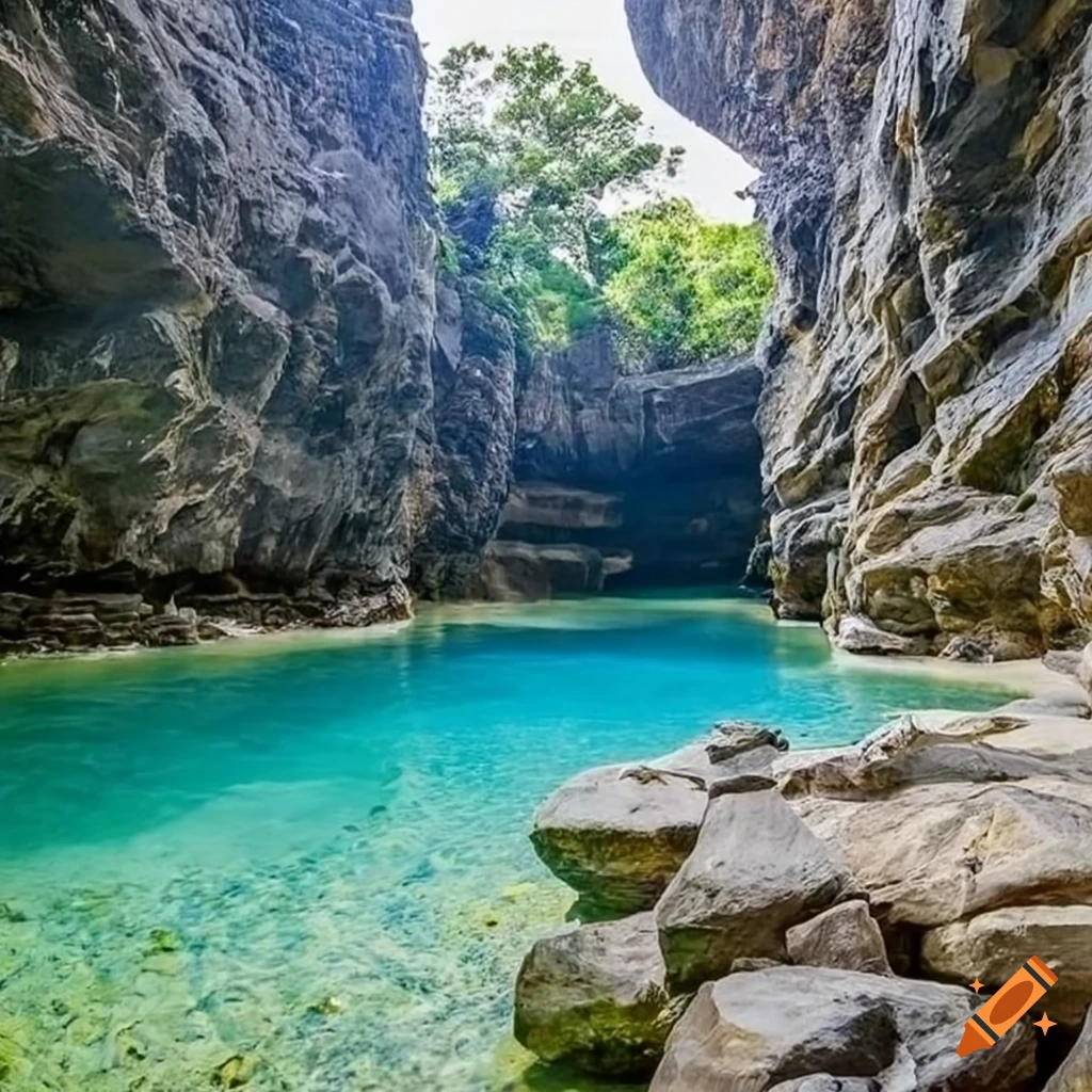 Modern kitchen in a stone cave with crystal clear water pool