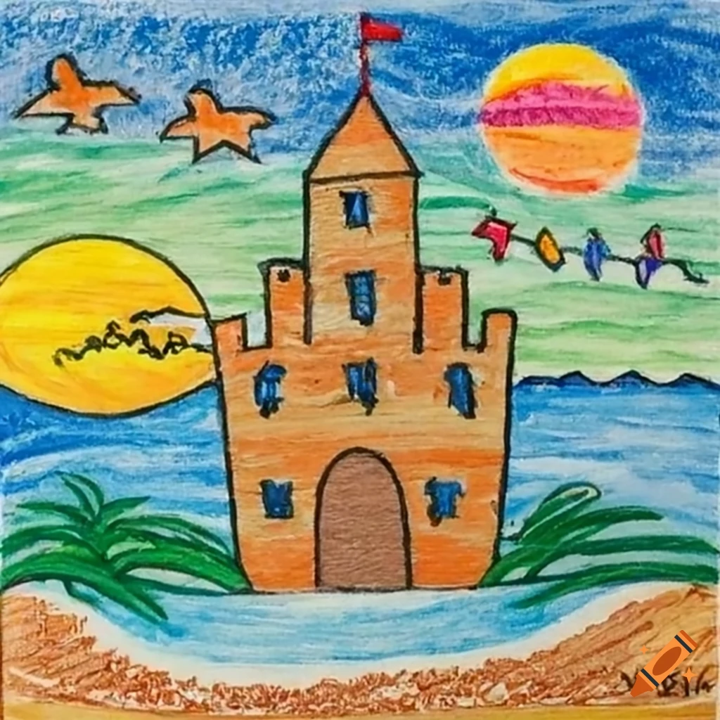 Crayon drawing of a castle on a beach at sunset with an elephant