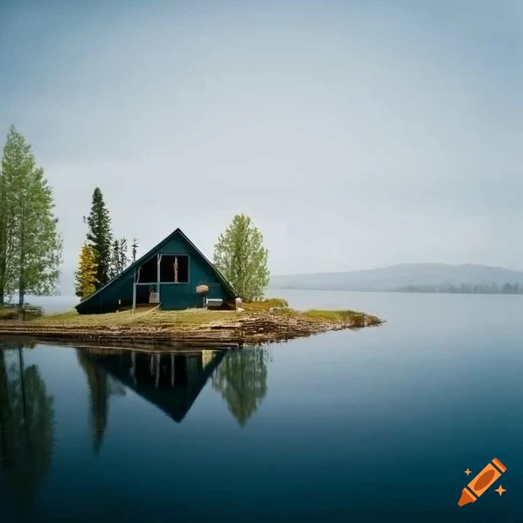 House by a tranquil lake with cottonwood trees on the banks