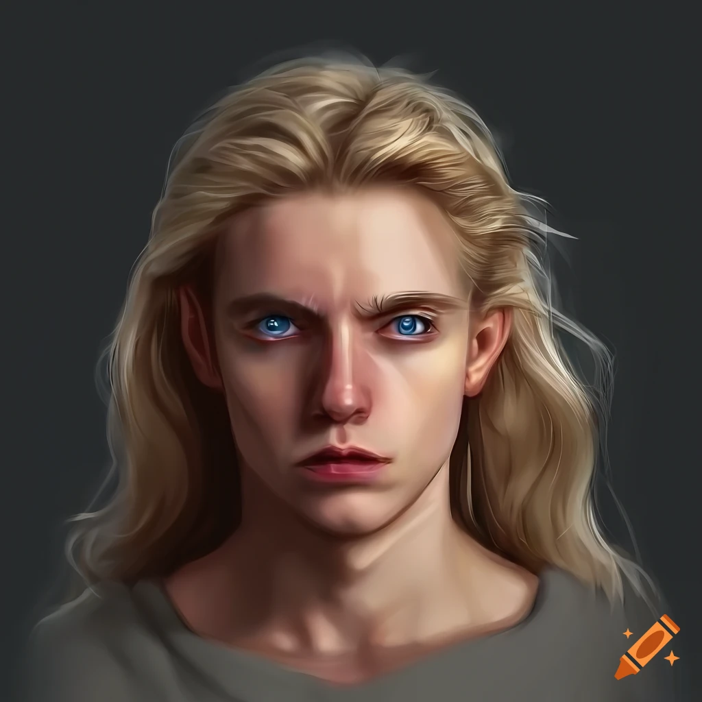 Digital art portrait of a photorealistic man with blonde hair and blue ...