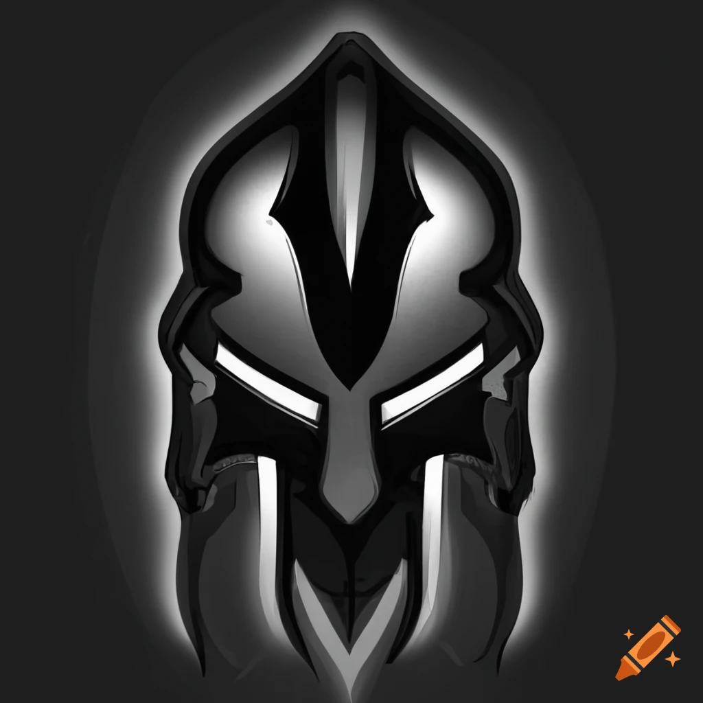 Futuristic evil Spartan helmet logo with sharp tribal design in black and white