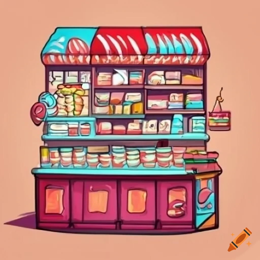 Interior of a candy shop in a detailed comic book style