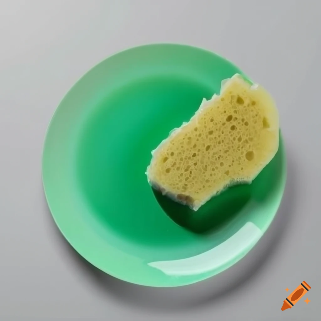 Plate with green water and sponge in a blurred white background