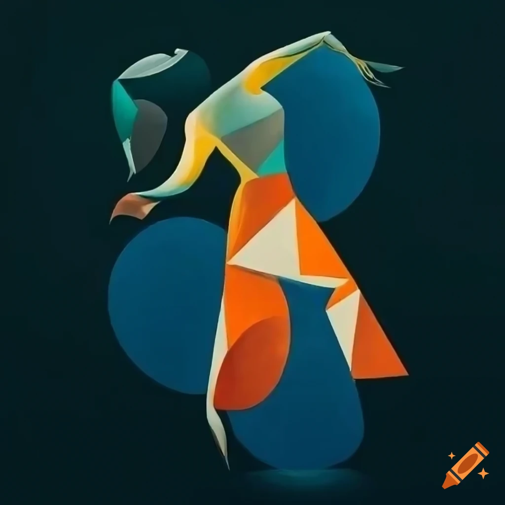 Cubism-inspired artwork of a modern dancer in blues, oranges, and cream colors