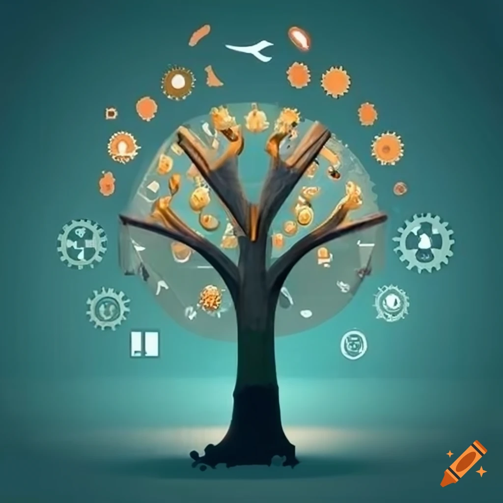 Illustration of a tree trunk with roots representing market development, knowledge transfer, market research, analysis, and regulatory aspects