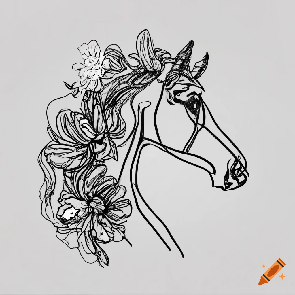 Detailed line drawing of a horse with a flower mane in black and white
