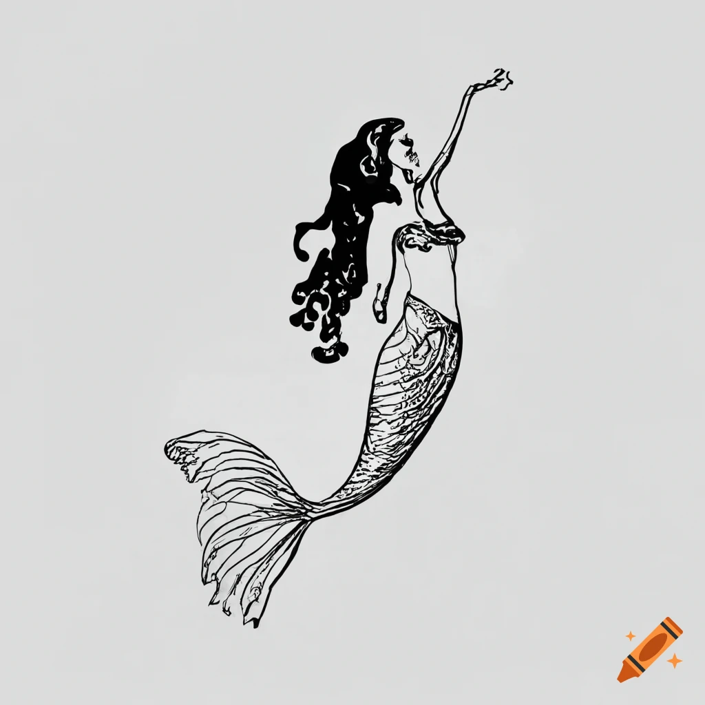 Beautiful swimming mermaid in minimalist black and white line art