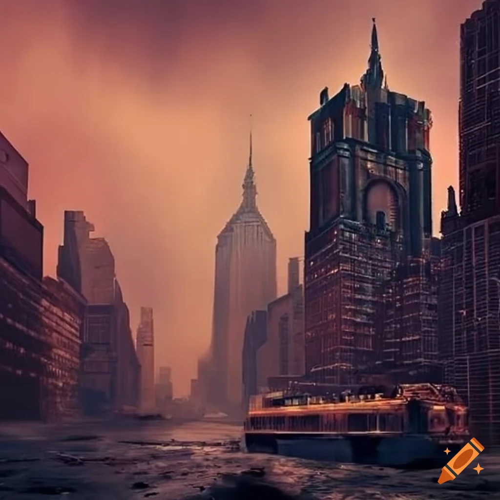 Post-apocalyptic retro futuristic New York cityscape