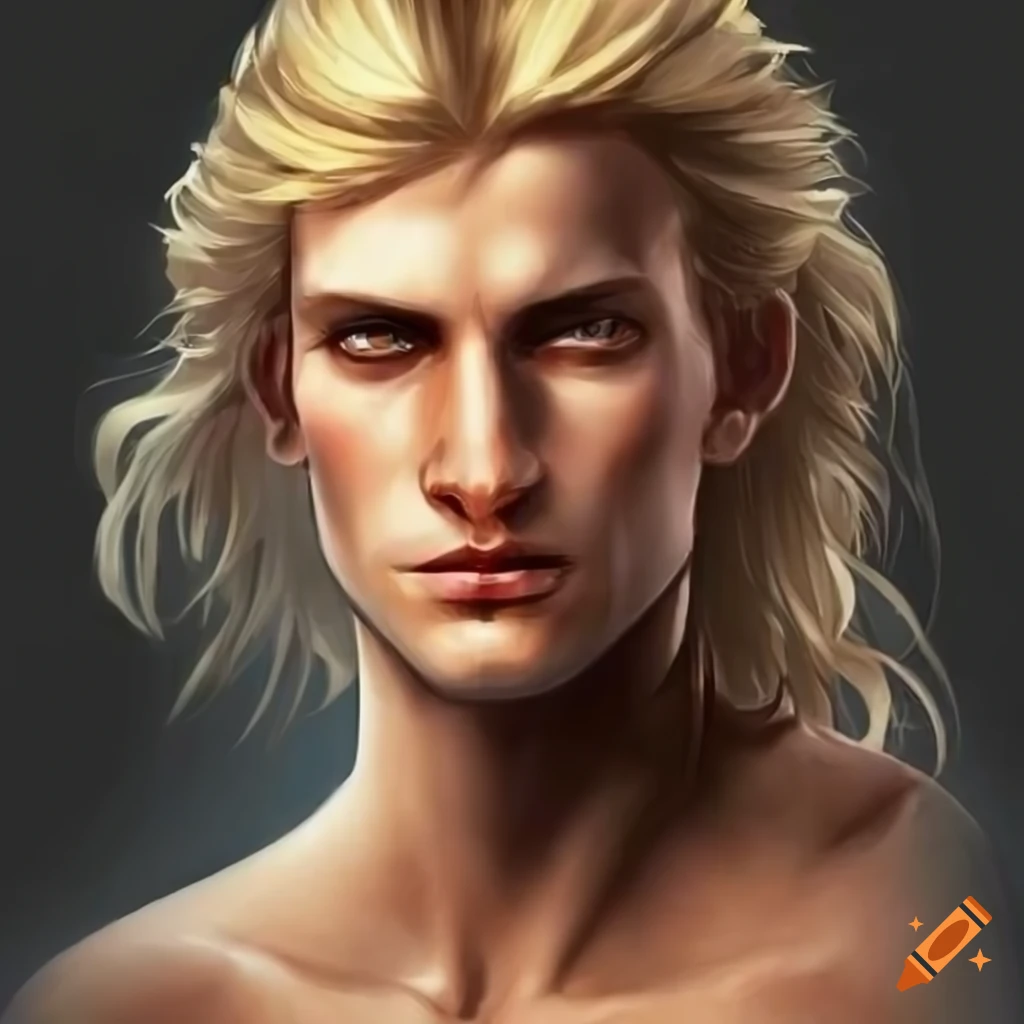 Male hero with tanned skin, Grecian nose, long blond hair, and brown eyes