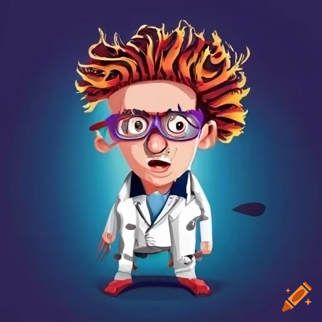 Eccentric scientist with crazy hair wearing a white t-shirt and khaki pants